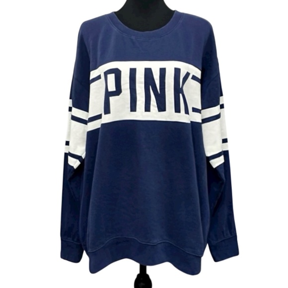 PINK Victoria’s Secret Logo Sweatshirt L Navy Colorblock Crewneck Oversized Y2K - Picture 1 of 9